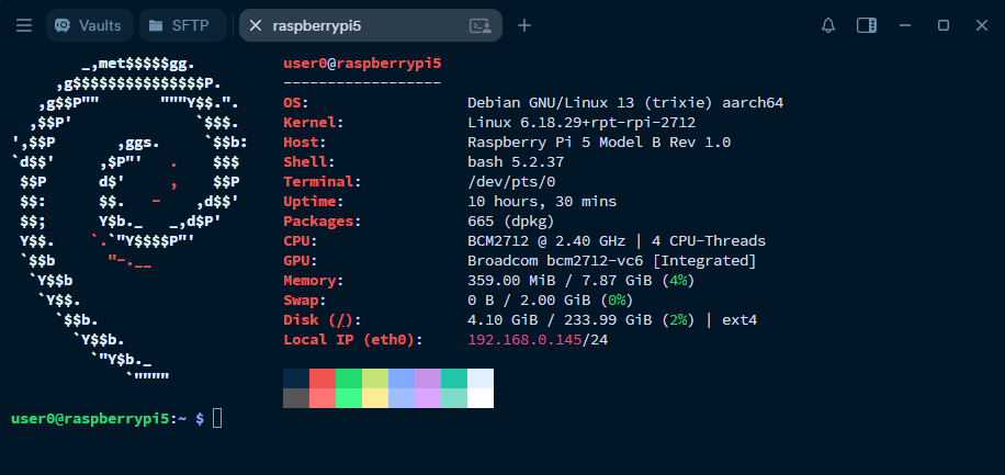 Fastfetch Ausgabe des Raspberry Pi 5 mit Systemdaten